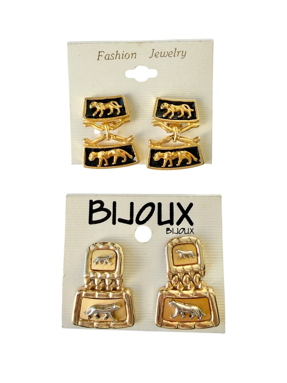 Vintage 1980s Bijoux Panther Earrings 2 Pair Lot NOS Gold Tone Black Clip On